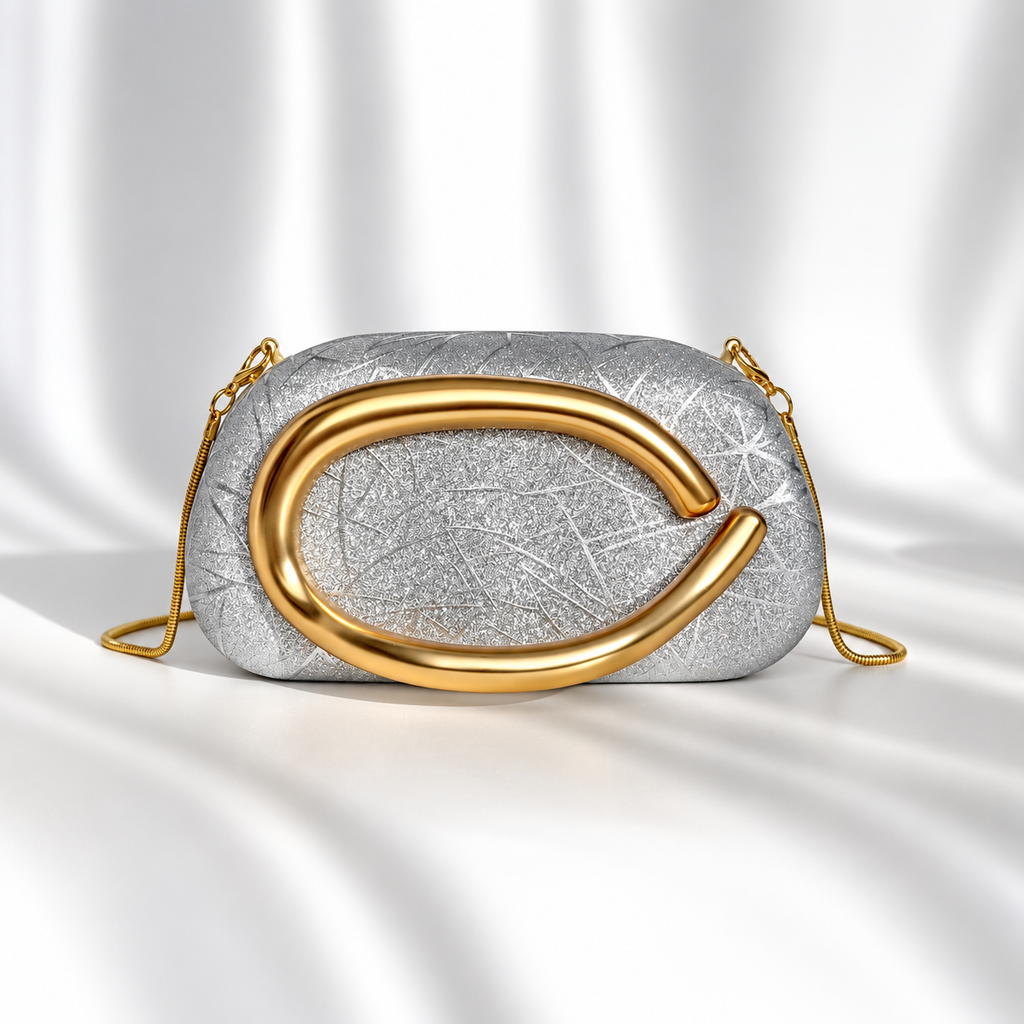 Camille Glitter Evening Clutch Bag with Gold Sculptural Handle