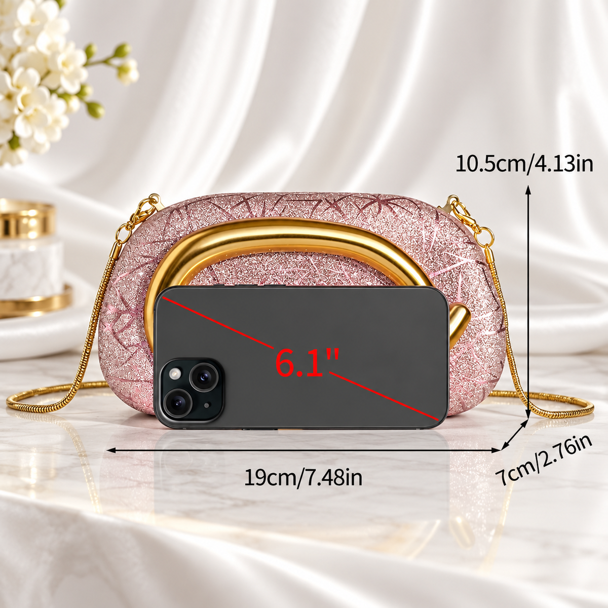 Camille Glitter Evening Clutch Bag with Gold Sculptural Handle