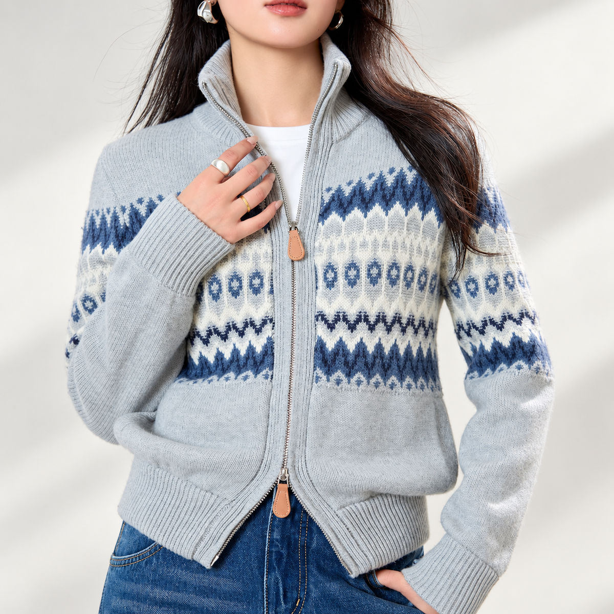 Sienna Fair Isle Zip-Up Knit Cardigan