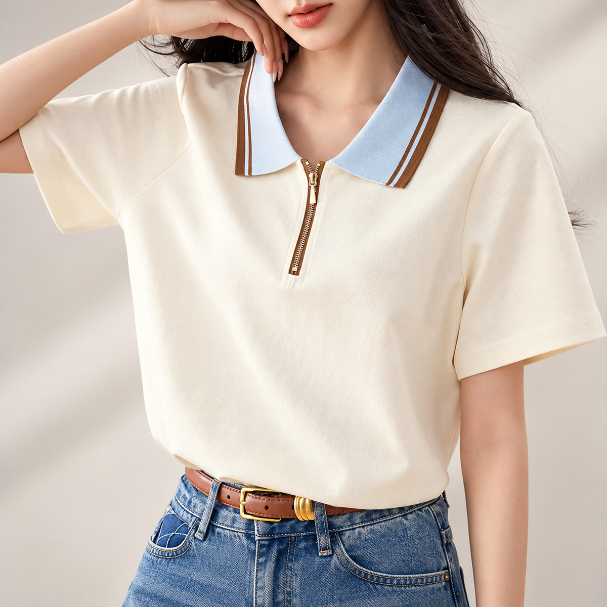Juliette Zip-Collar Short-Sleeve Polo Top