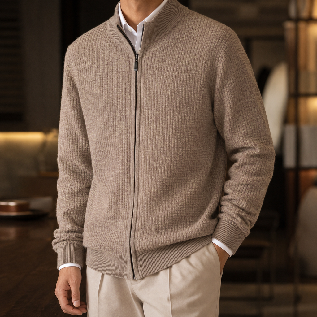 Harrison Men's Full-Zip Knit Cardigan – Textured Mock Neck Sweater