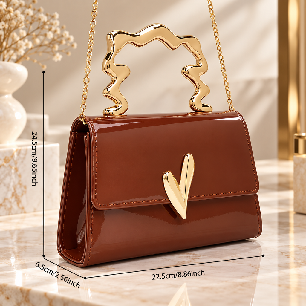 Aurélie Sculptural Handle Glossy Top Handle Handbag with Gold-Tone Hardware