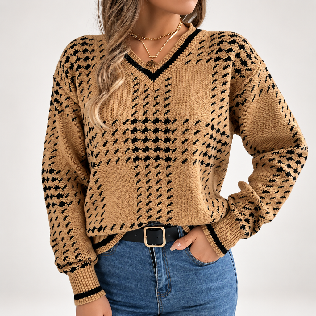 Beatrice Women’s Plaid V-Neck Knit Sweater