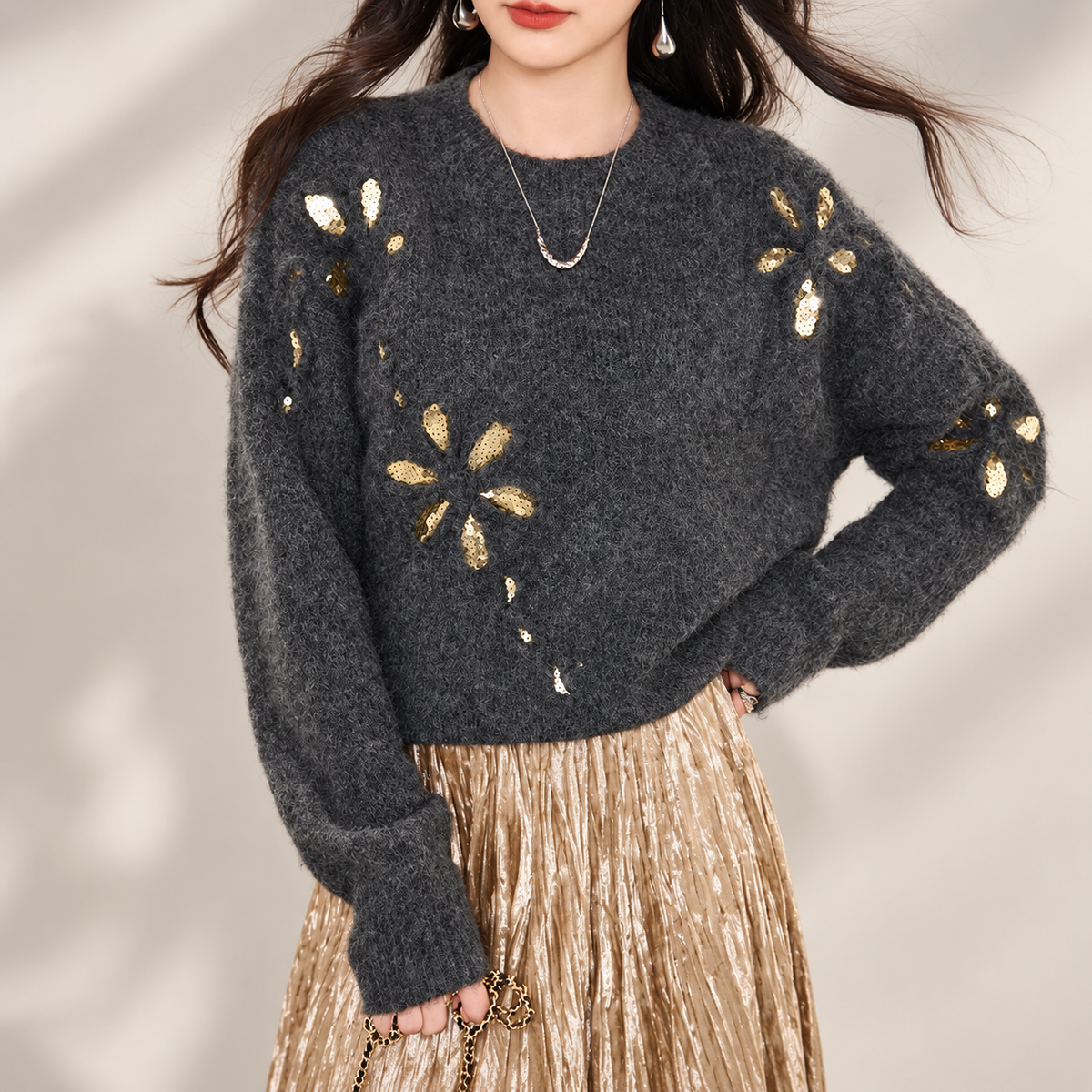 Bianca Women’s Charcoal Gold Sequin Floral Knit Sweater