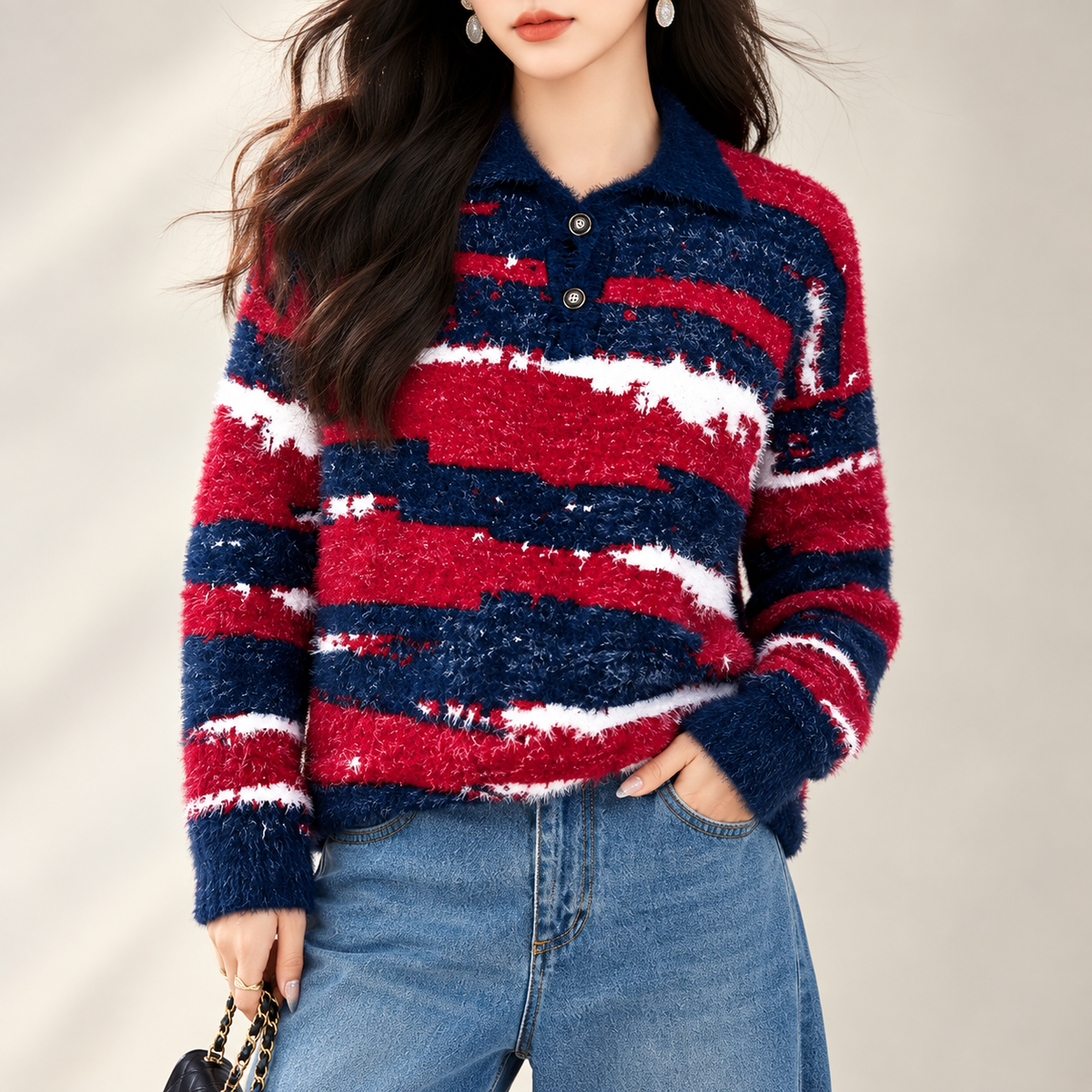 Margot Women’s Navy Red White Striped Fuzzy Collared Sweater