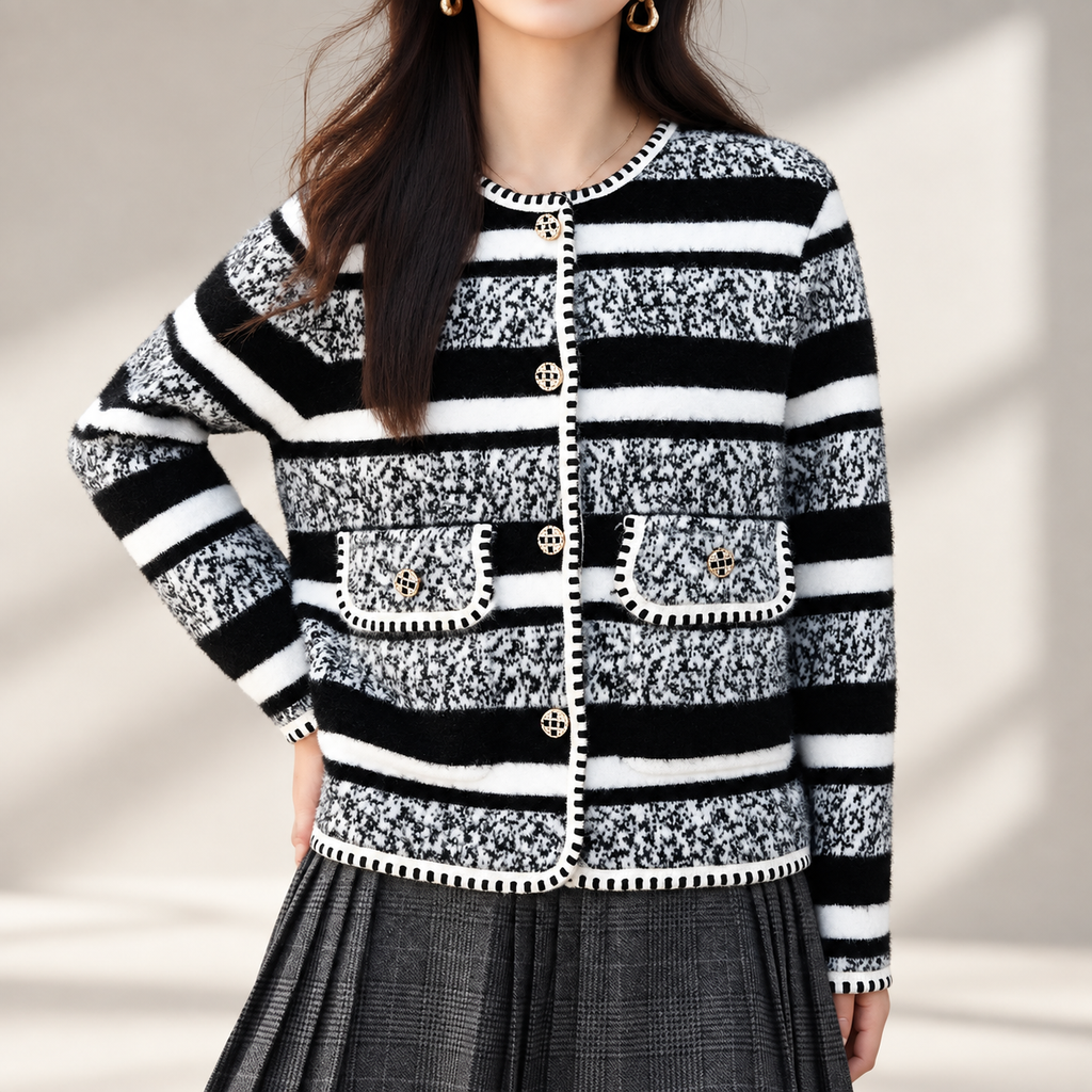 Camille Black & White Striped Knit Cardigan with Gold-Tone Buttons