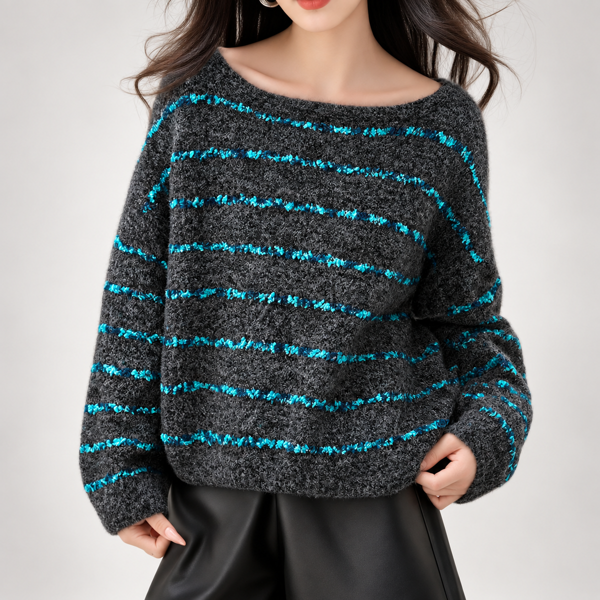 Elodie Textured Striped Boat Neck Knit Sweater