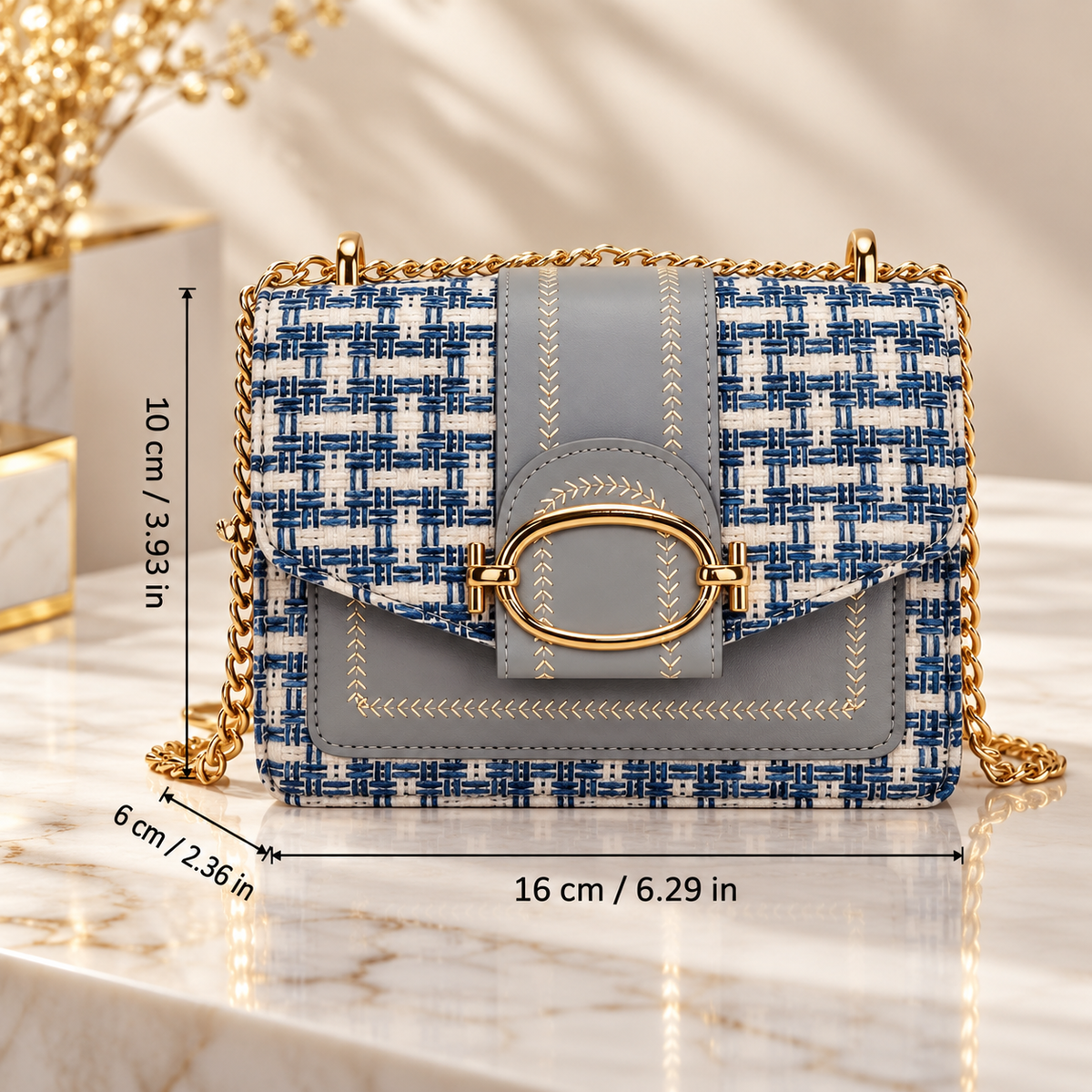 Elodie Tweed Crossbody Bag with Gold Oval Buckle