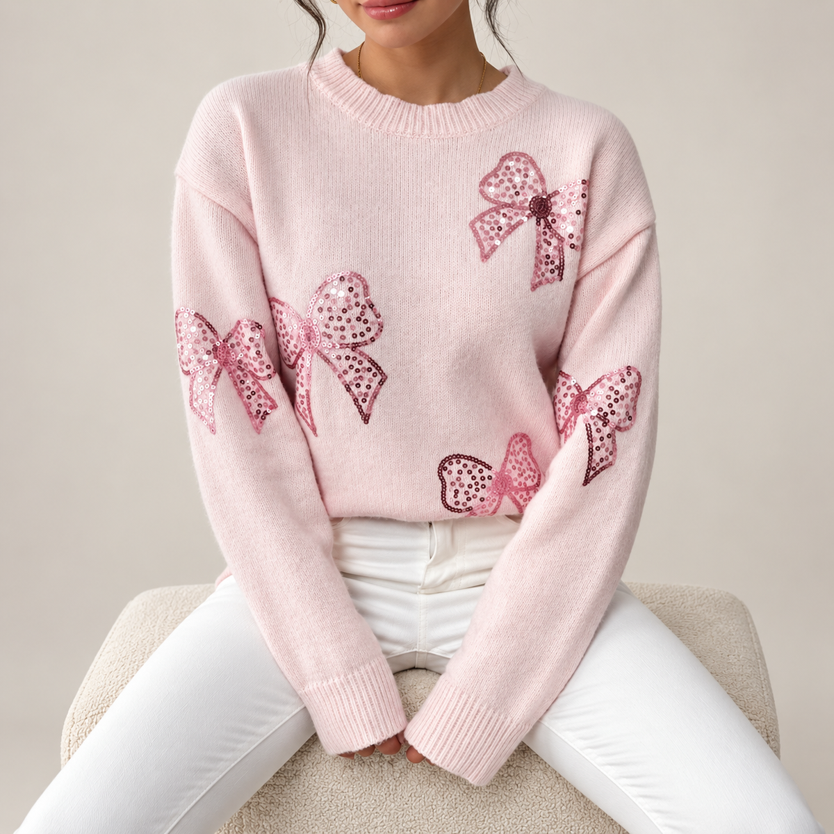 Sienna Sequin Bow Knit Sweater – Women’s Crewneck Pullover