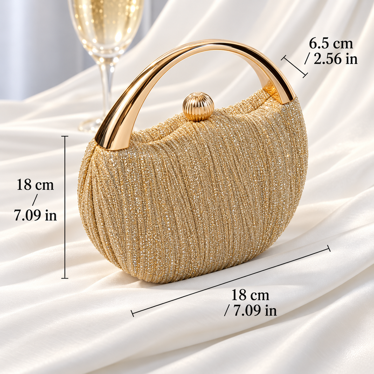 Lucienne Pleated Glitter Evening Clutch with Gold Handle
