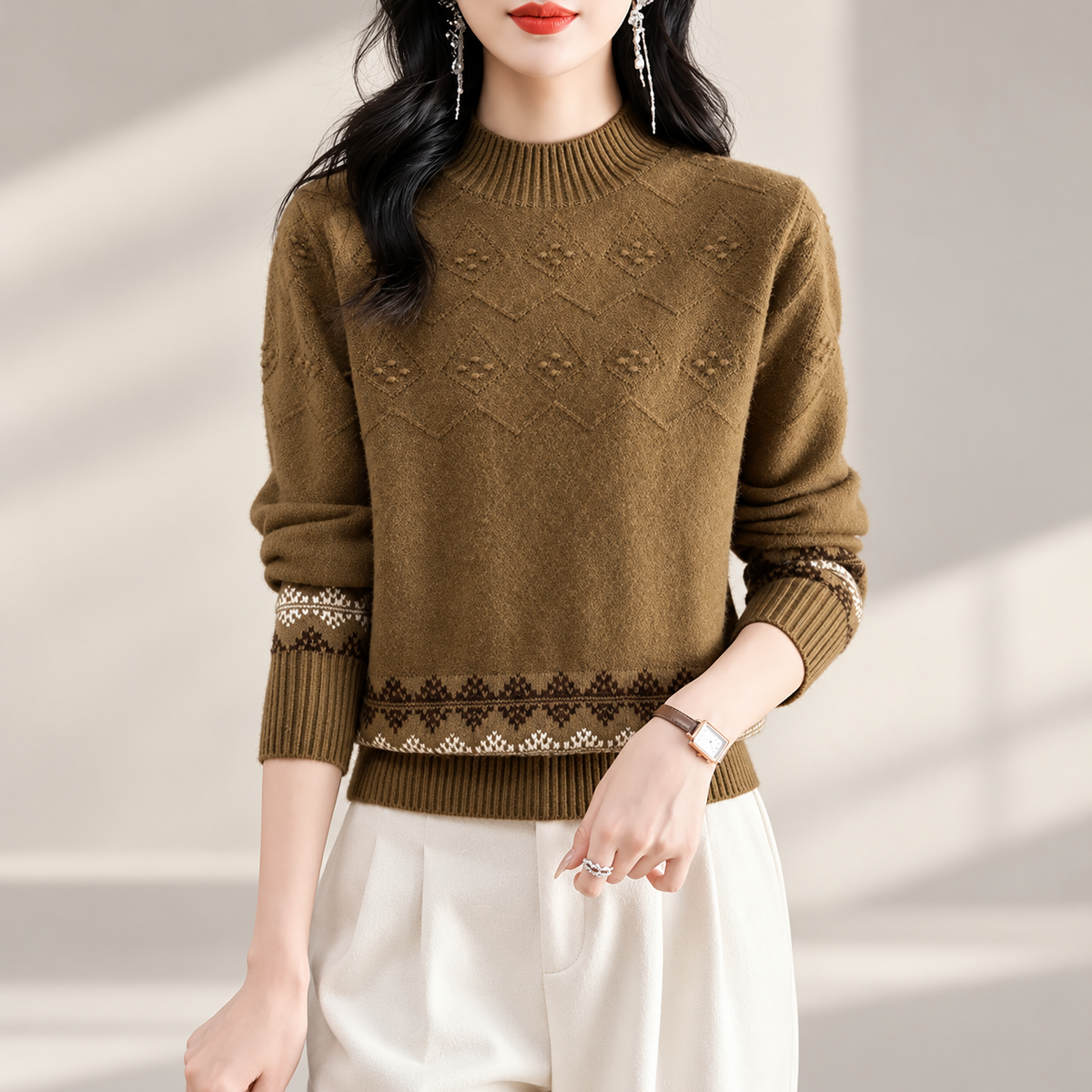 Amelia Women’s Mock Neck Fair Isle Knit Sweater