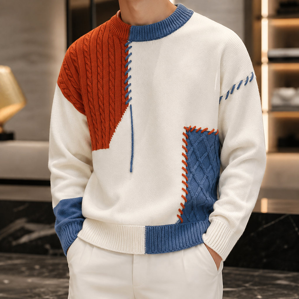 Lucien Men's Patchwork Knit Sweater – Relaxed Textured Crewneck