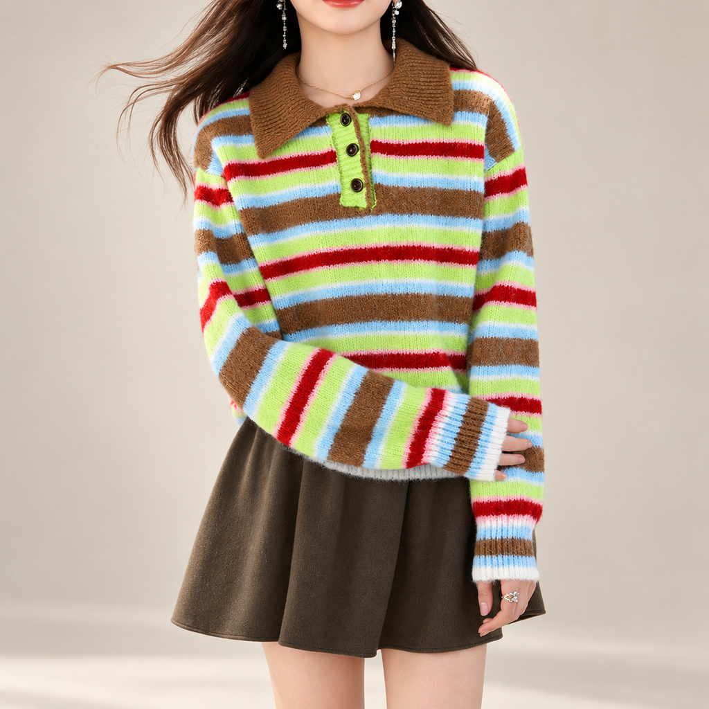 Amelia Women’s Multicolor Striped Collared Knit Sweater
