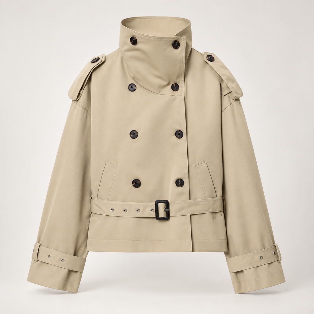 Camille Women’s Cropped Double-Breasted Trench Jacket with Belt