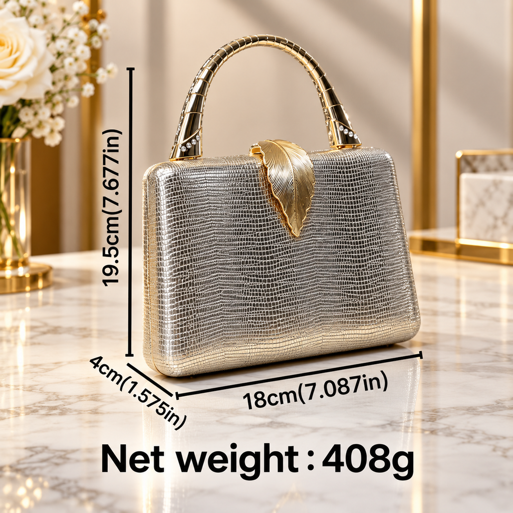 Camille Metallic Leaf Clasp Evening Clutch with Top Handle