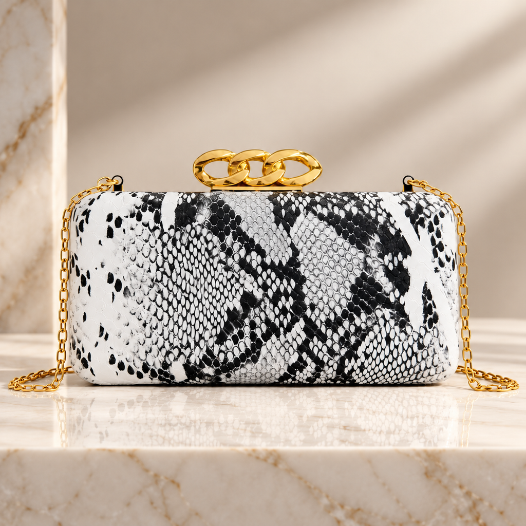 Camille Snakeskin-Print Chain Clasp Evening Clutch Bag