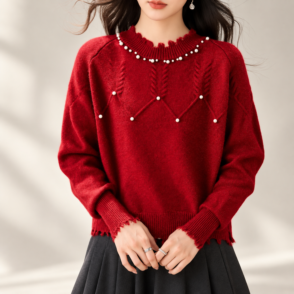 Colette Pearl-Trim Distressed Hem Red Knit Sweater for Women