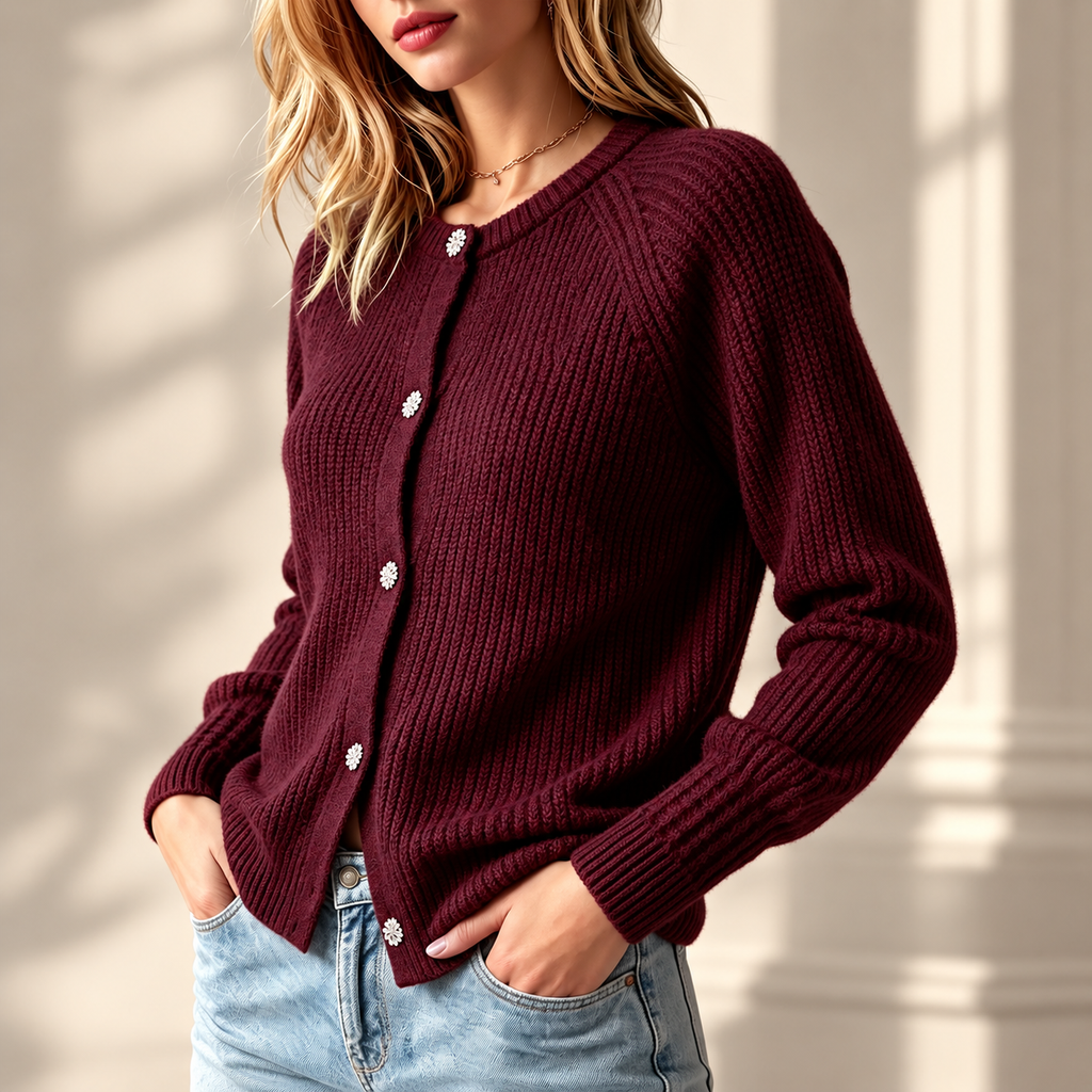 Vivienne Women’s Burgundy Ribbed Knit Cardigan