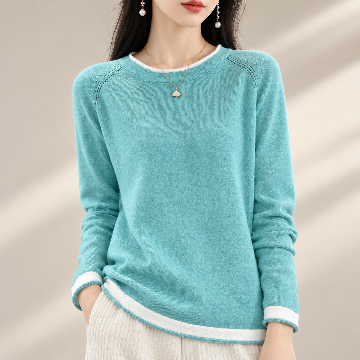 Adeline Contrast-Trim Women’s Crewneck Sweater