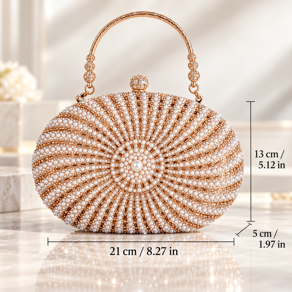 Elodie Pearl & Rhinestone Oval Evening Clutch with Metal Top Handle