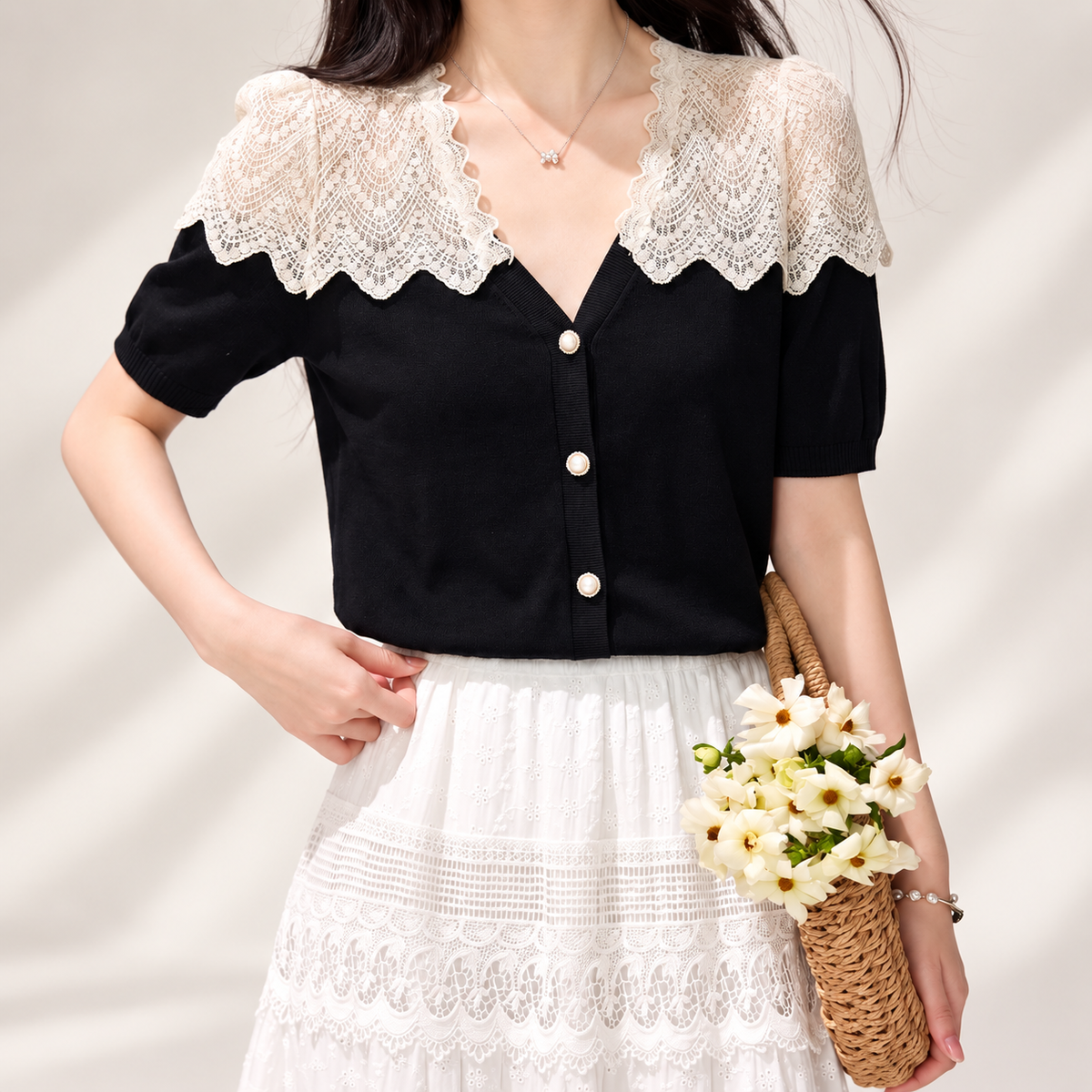 Cecilia Women’s Lace Collar Pearl Button Knit Cardigan