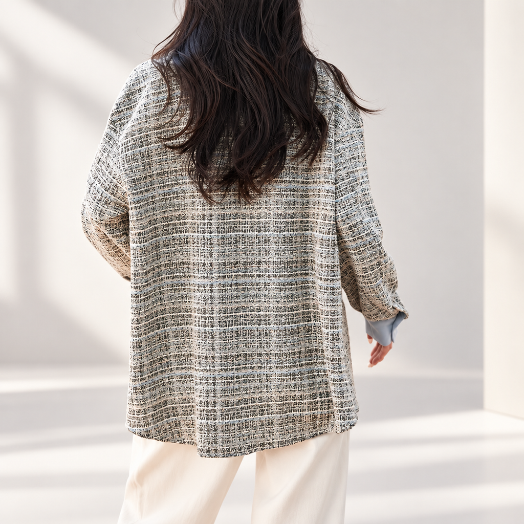 Camille Women’s Blue Tweed Contrast-Collar Long Shirt