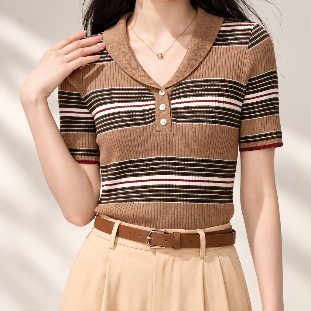 Isabella Women’s Striped Rib-Knit Polo Top