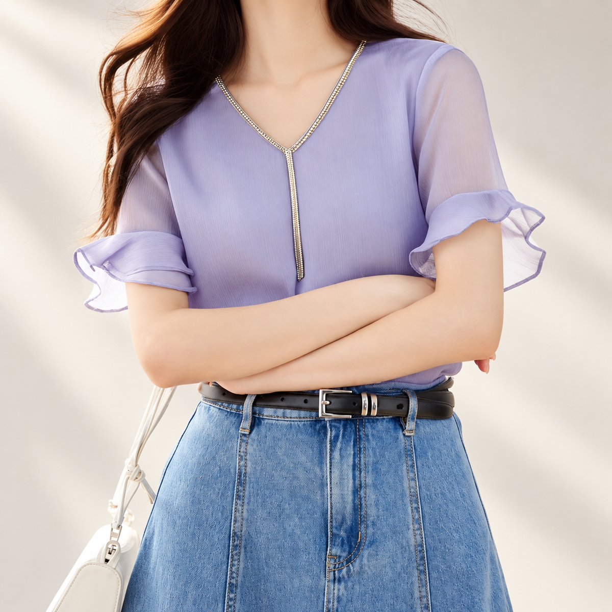 Sienna Women’s Lavender Rhinestone V-Neck Ruffle Sleeve Blouse