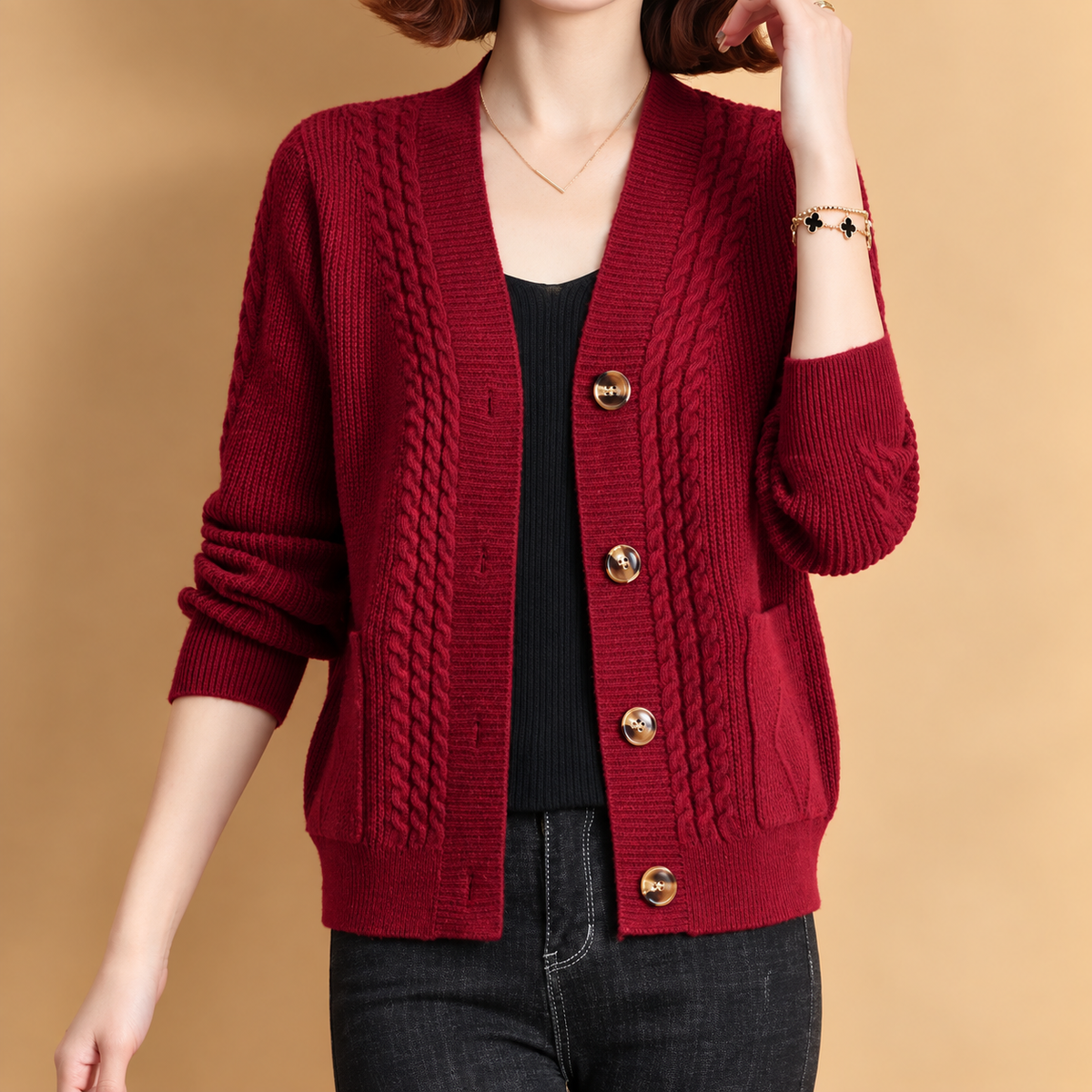 Rosalie Cable Knit V-Neck Cardigan for Women
