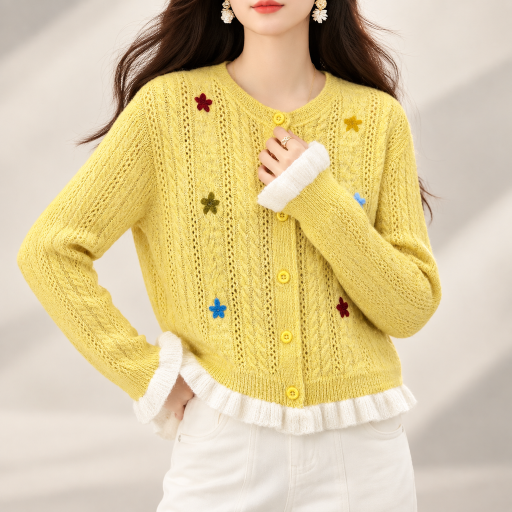 Florence Women’s Yellow Floral Openwork Knit Ruffle Cardigan