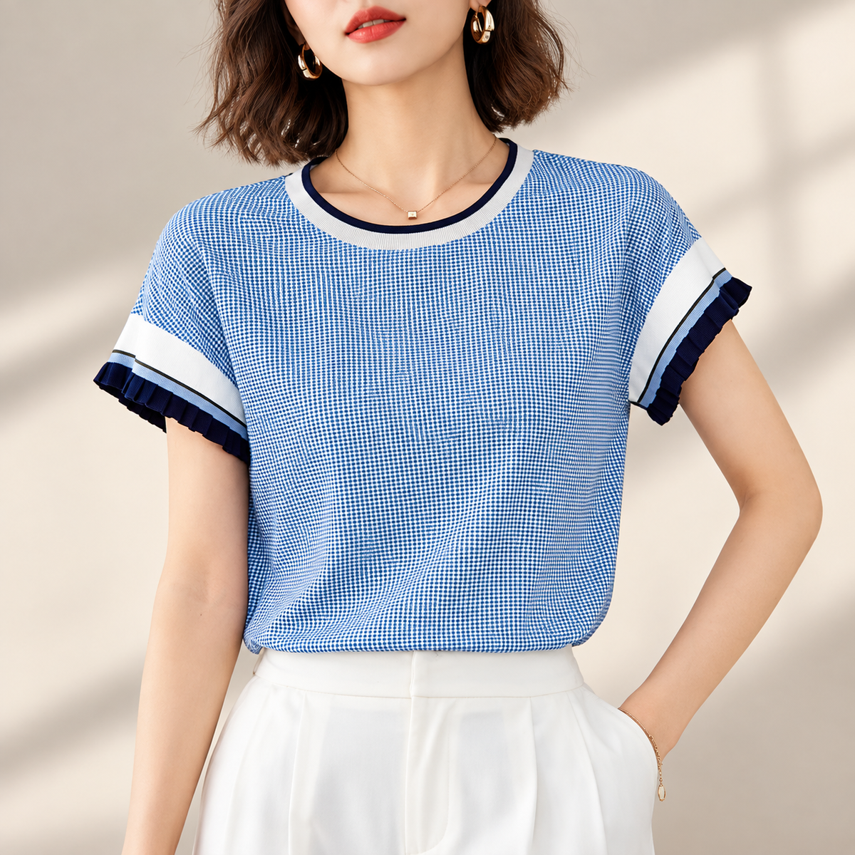 Beatrice Micro-Check Ruffle Sleeve Top