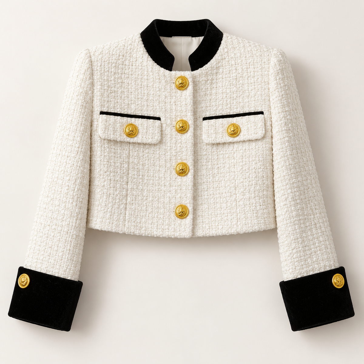 Alessia Women’s Textured Cropped Jacket – Contrast Trim Gold-Tone Button Cardigan Blazer