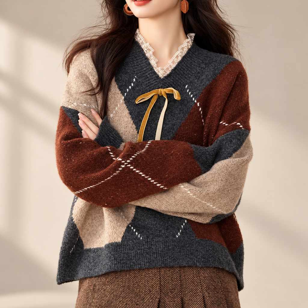 Harriet Women’s Argyle Bow-Neck Knit Sweater
