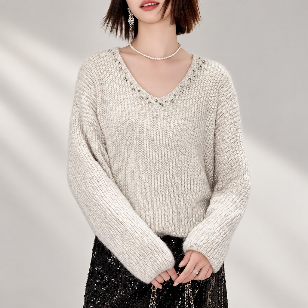 Elodie Crystal-Embellished V-Neck Knit Sweater