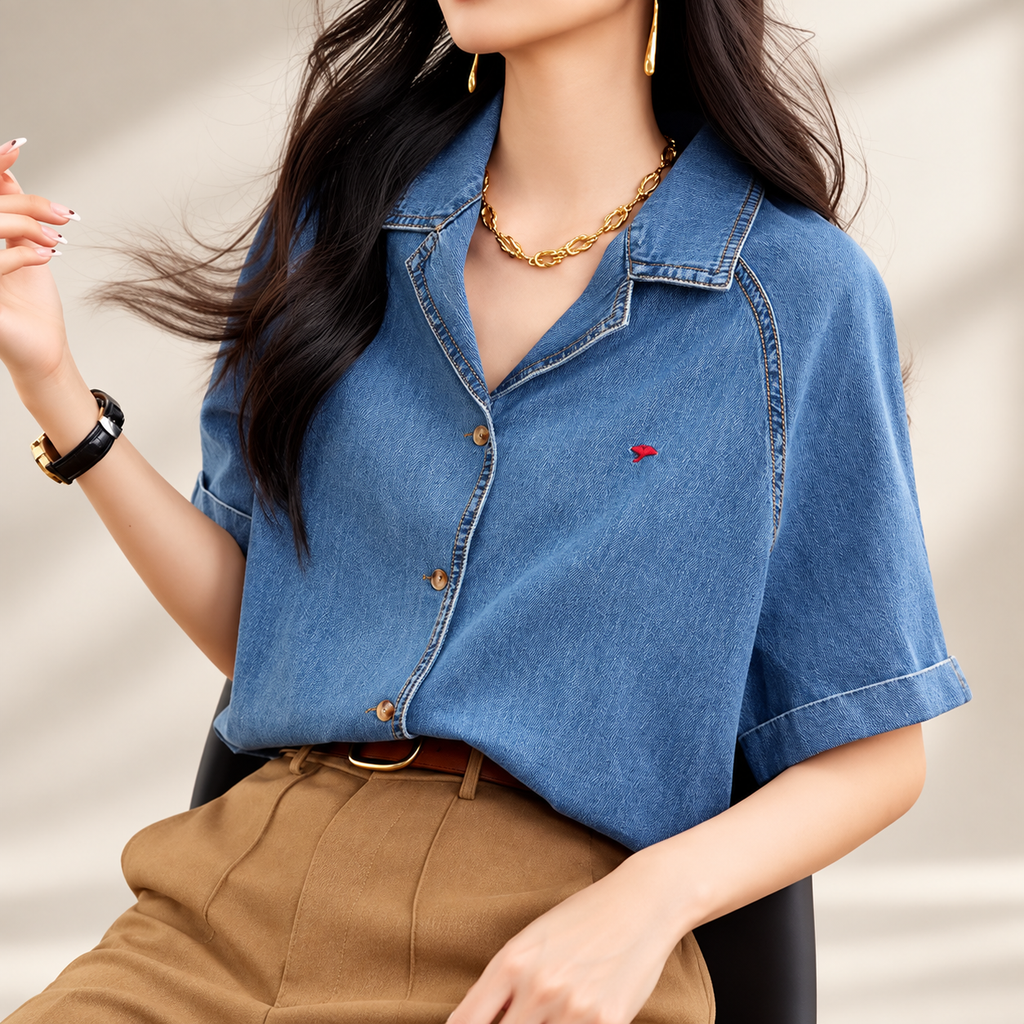 Alessia Women’s Short Sleeve Denim Button-Up Shirt – Medium Blue