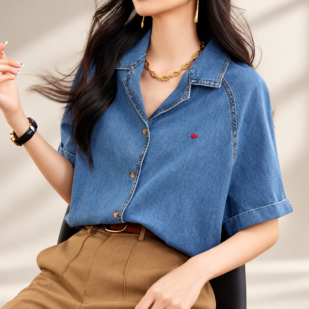Alessia Women’s Short Sleeve Denim Button-Up Shirt – Medium Blue