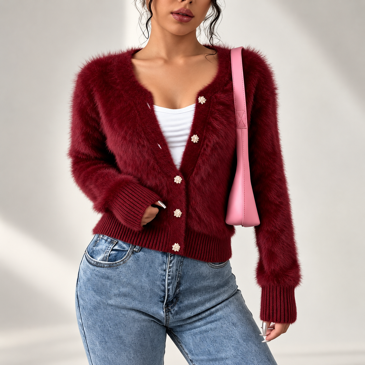 Sienna Women’s Burgundy Fuzzy Knit Cardigan