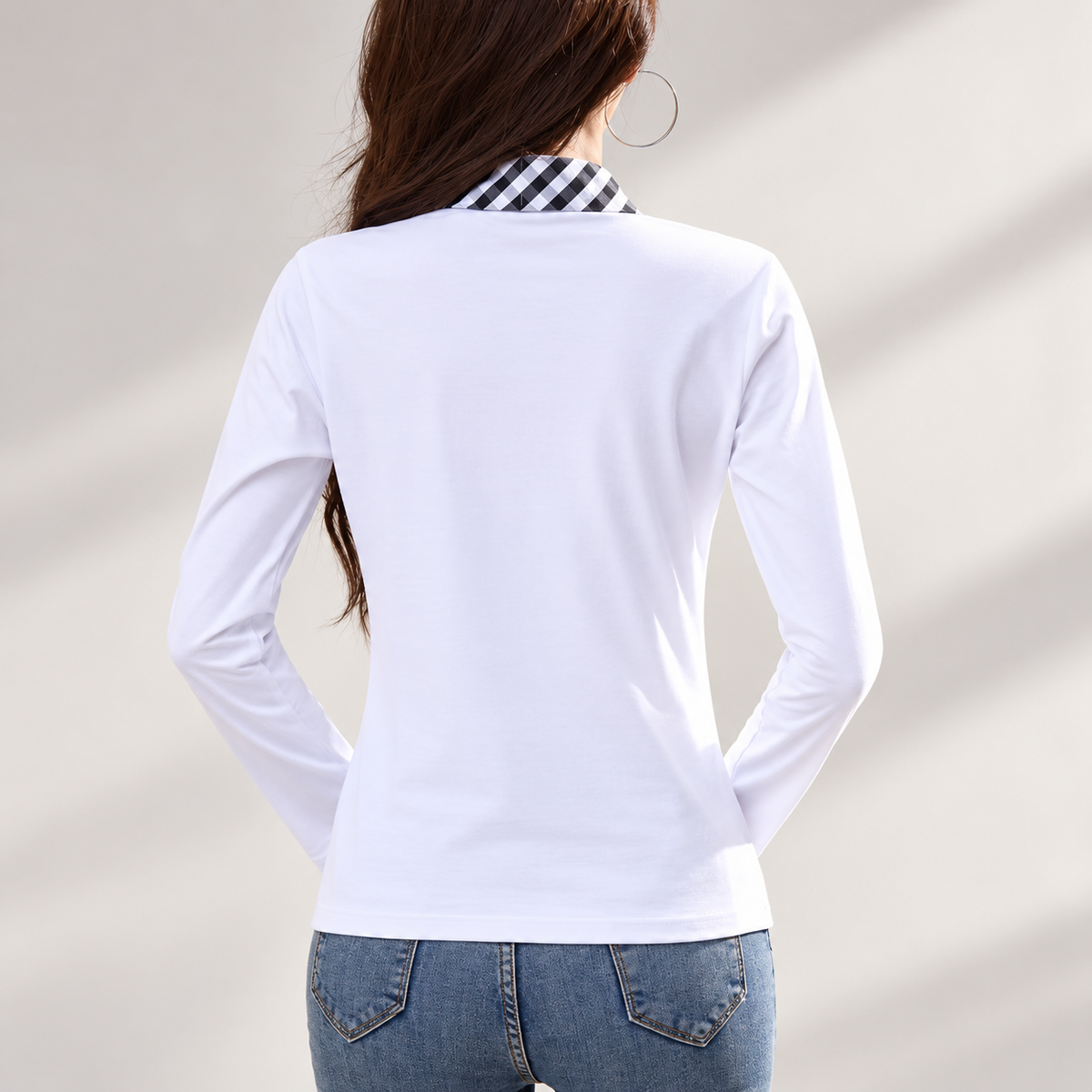 Camille Women’s Long Sleeve Polo Top with Checkered Collar