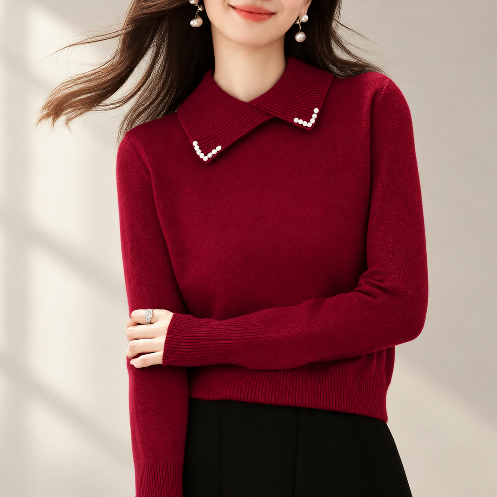Juliette Women’s Burgundy Pearl-Collar Knit Sweater
