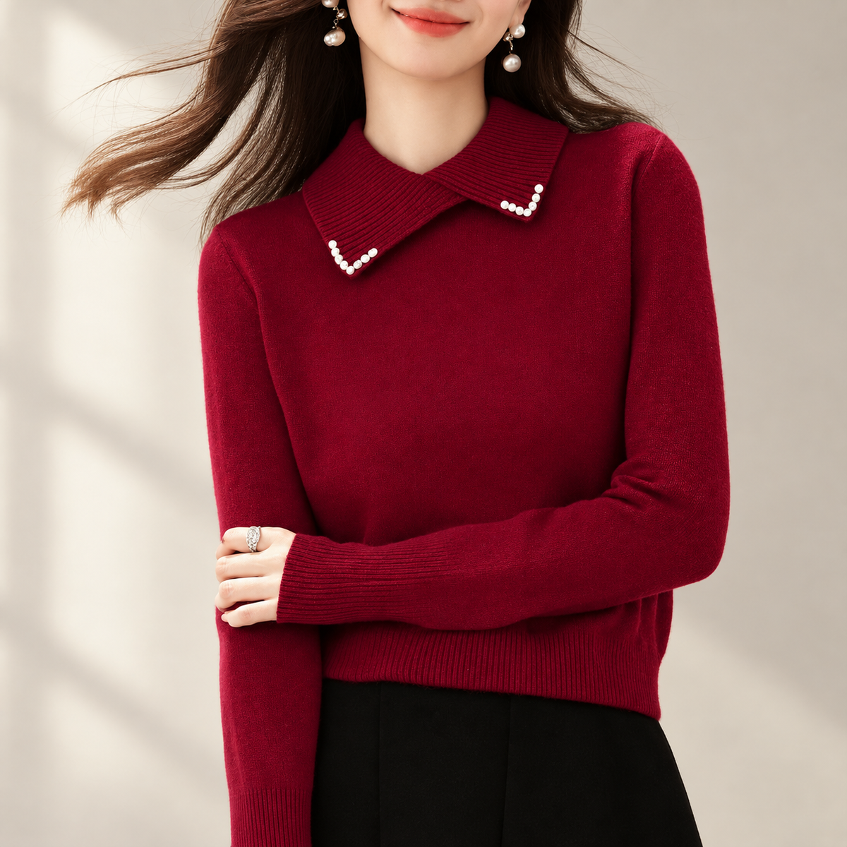 Juliette Women’s Burgundy Pearl-Collar Knit Sweater