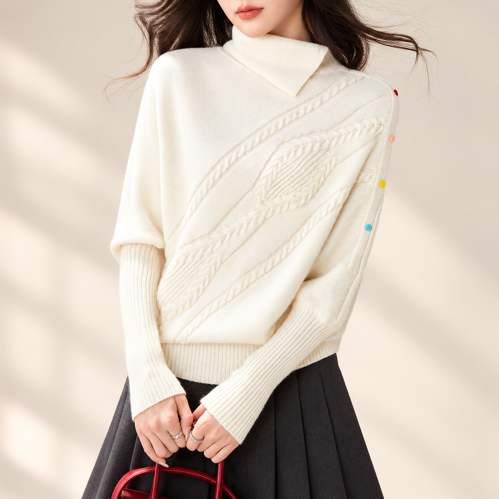 Elodie Women’s Ivory Asymmetric Cable-Knit Turtleneck Sweater
