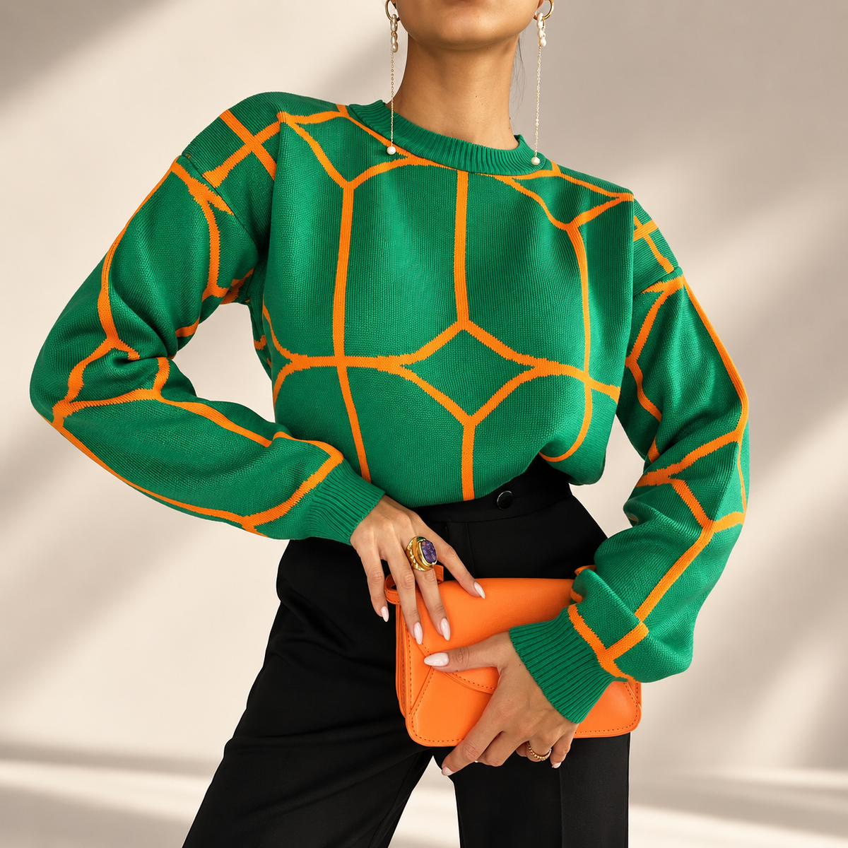 Bianca Women’s Geometric Knit Sweater – Crew Neck Long Sleeve Pullover