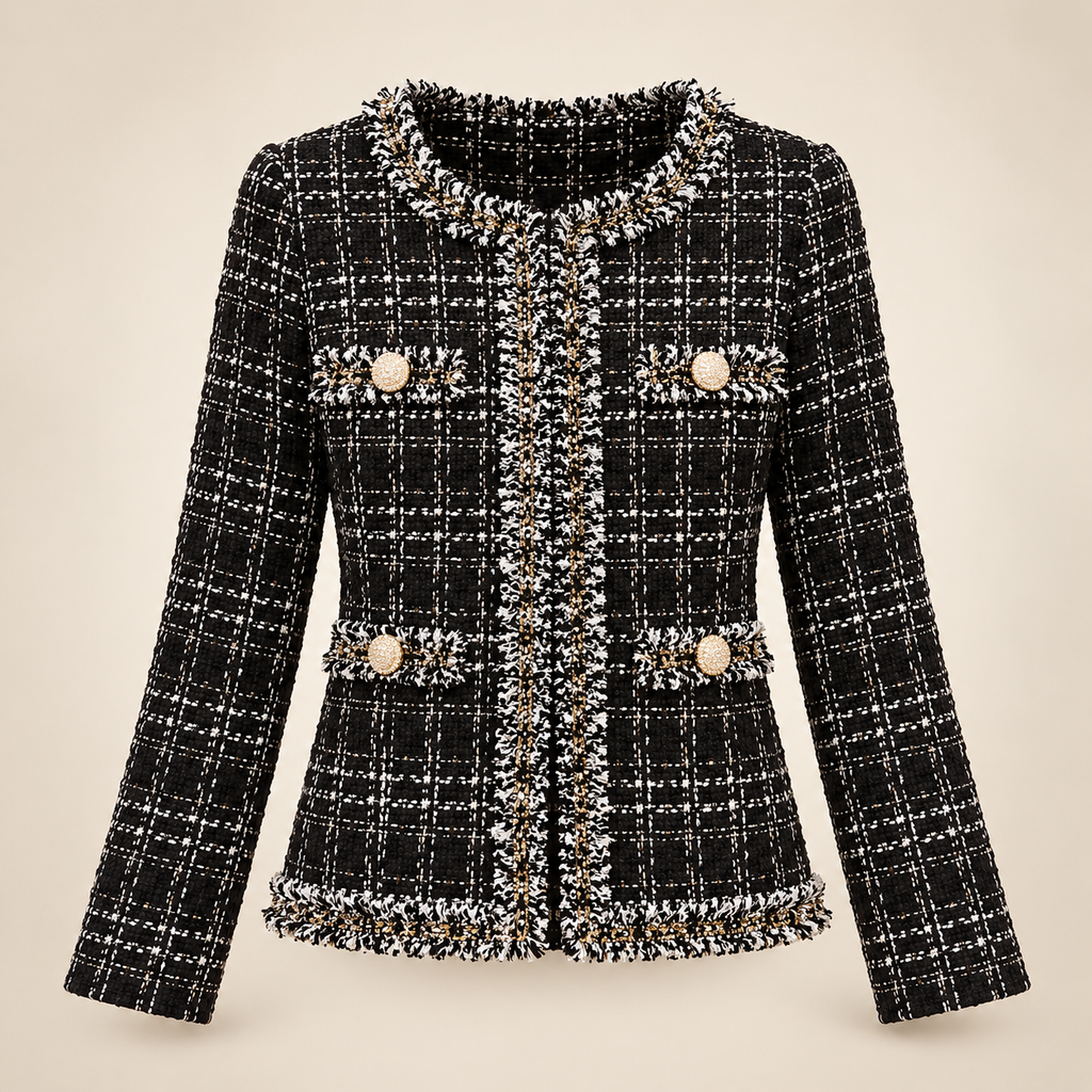 Genevieve Women’s Tweed Jacket – Collarless Fringed Trim Button-Front Blazer