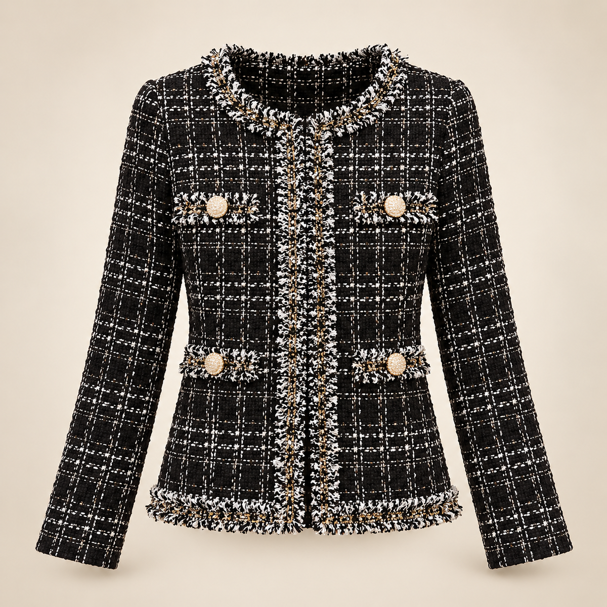 Genevieve Women’s Tweed Jacket – Collarless Fringed Trim Button-Front Blazer