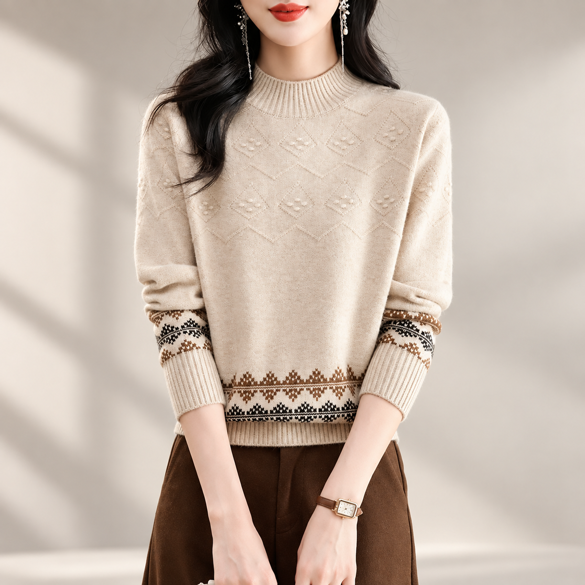 Amelia Women’s Mock Neck Fair Isle Knit Sweater