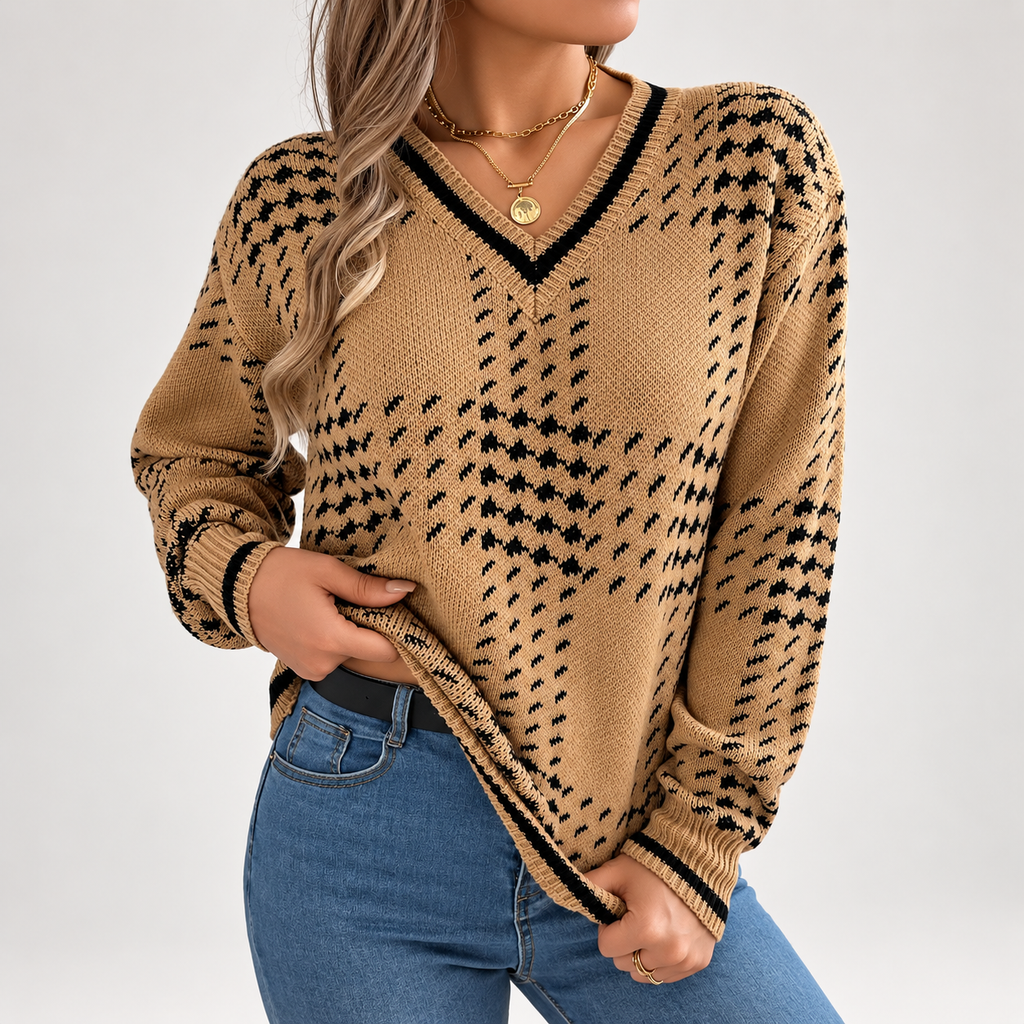Beatrice Women’s Plaid V-Neck Knit Sweater