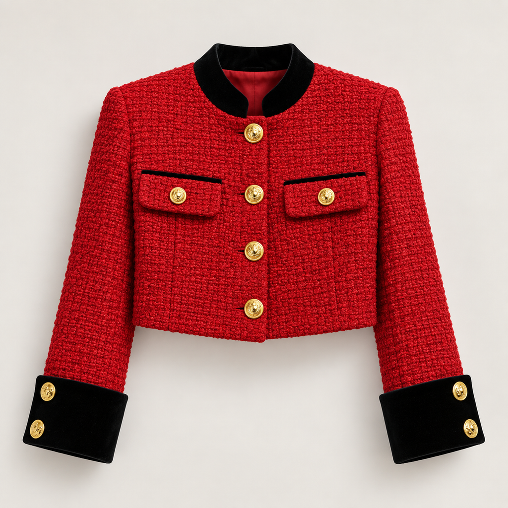 Alessia Women’s Textured Cropped Jacket – Contrast Trim Gold-Tone Button Cardigan Blazer