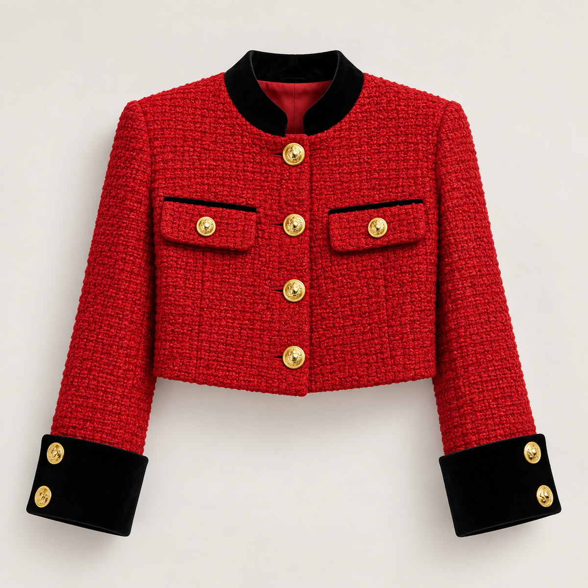 Alessia Women’s Textured Cropped Jacket – Contrast Trim Gold-Tone Button Cardigan Blazer