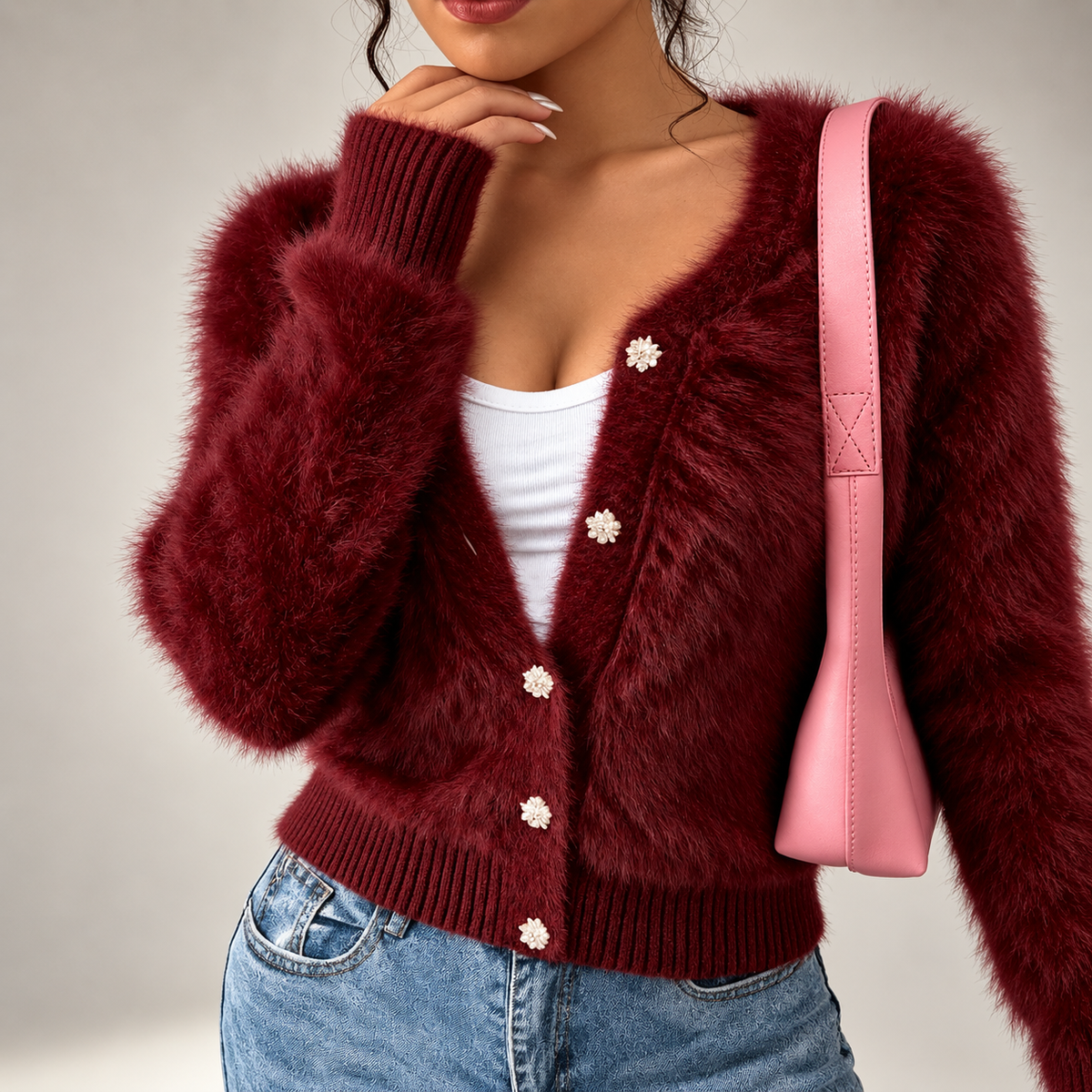 Sienna Women’s Burgundy Fuzzy Knit Cardigan