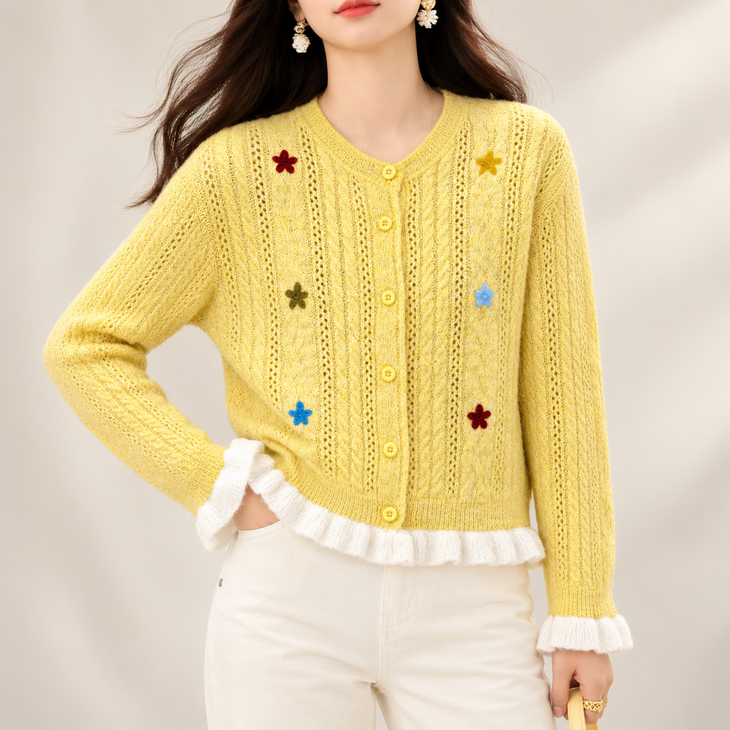 Florence Women’s Yellow Floral Openwork Knit Ruffle Cardigan
